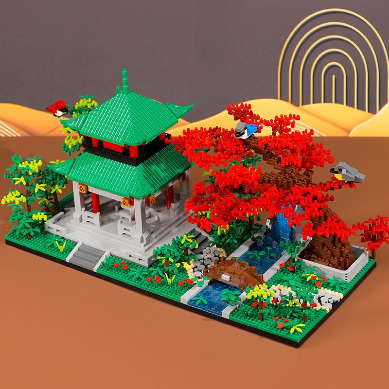 Balody 16262 Ancient Architecture Pavilion Garden Yard River Bridge Tree Bird