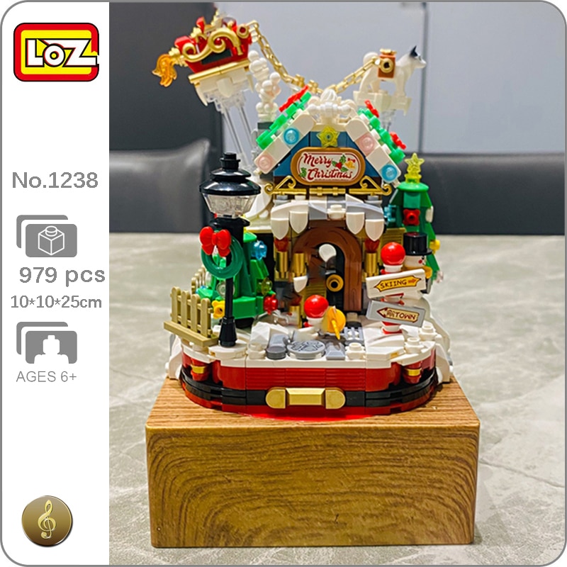 LOZ 1238 Merry Christmas Tree House Santa Claus Snowman Music Box