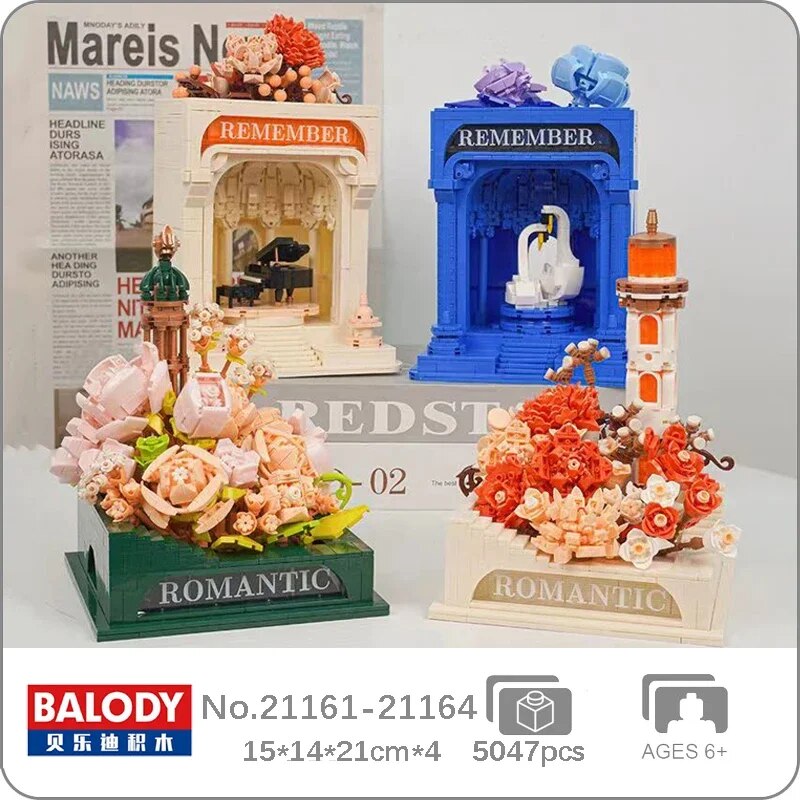 Balody 21161-21164 Romantic Remember Eternal Flower Swan Bird Pet Piano Music Tower Lighthouse